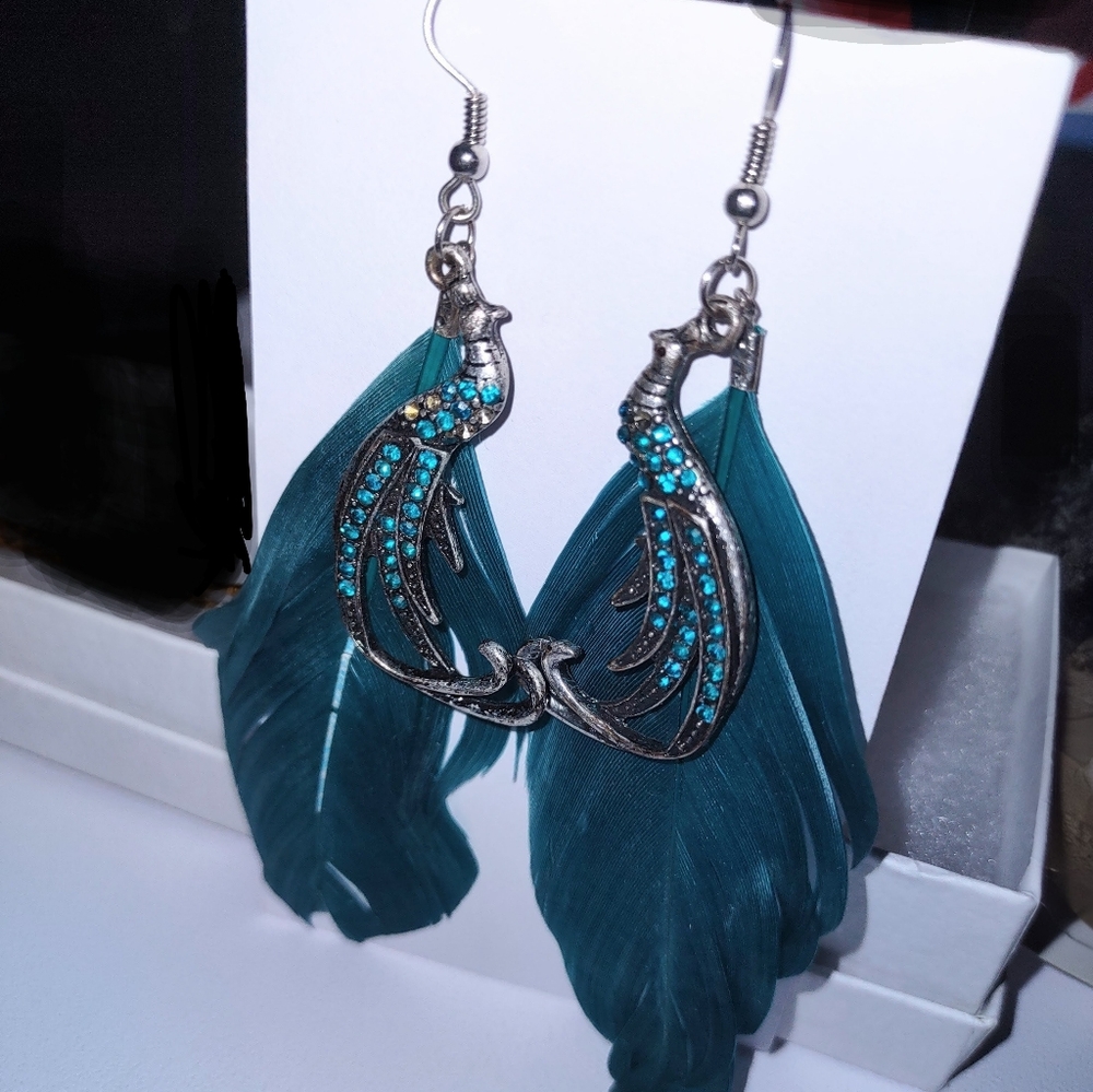 Teal Blue Feather Earrings with Jeweled Peacocks - Picture 9 of 13